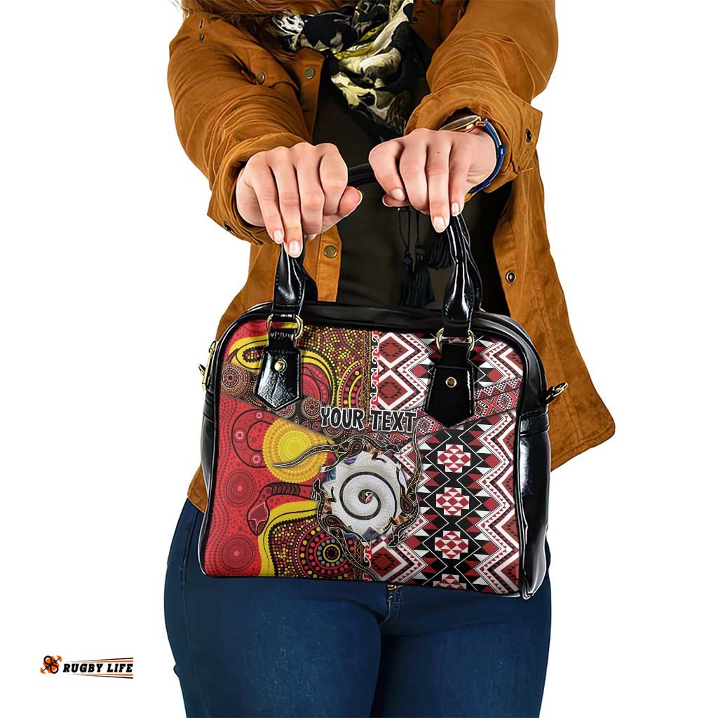 Personalised Aotearoa and Australia Together Shoulder Handbag Koru and Kangaroo - Taniko with Aboriginal Motif LT03