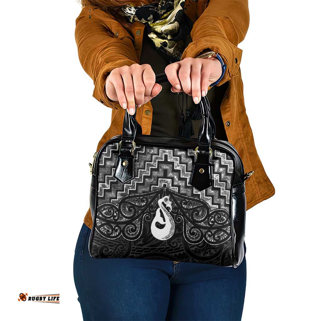 New Zealand Maori Shoulder Handbag Poutama Manaia Black Paua Shell LT05