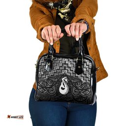 New Zealand Maori Shoulder Handbag Poutama Manaia Black Paua Shell LT05