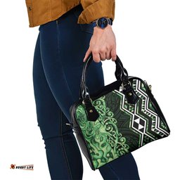 Green Aotearoa Shoulder Handbag Taniko Motifs With Paua Shell Kowhaiwhai LT14
