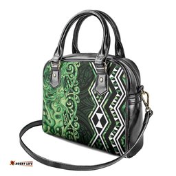 Green Aotearoa Shoulder Handbag Taniko Motifs With Paua Shell Kowhaiwhai LT14