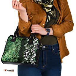 Green Aotearoa Shoulder Handbag Taniko Motifs With Paua Shell Kowhaiwhai LT14