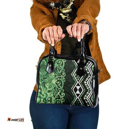 Green Aotearoa Shoulder Handbag Taniko Motifs With Paua Shell Kowhaiwhai LT14