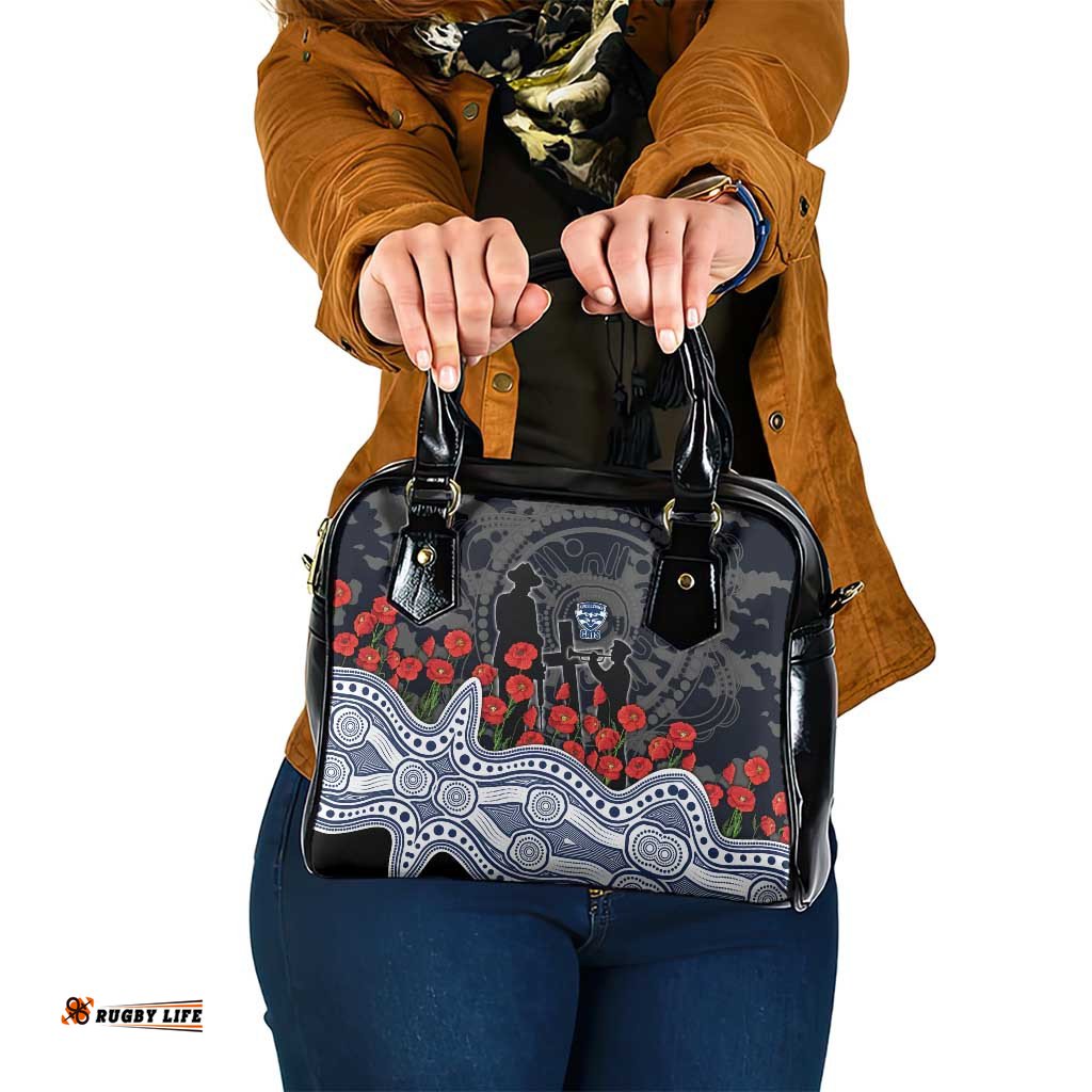 Geelong Cats ANZAC Day Shoulder Handbag Indigenous Dot Art with Poppy Flower Tribute TS04