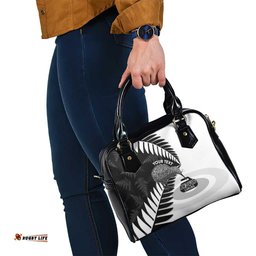 New Zealand Silver Fern Curling Personalised Shoulder Handbag Aotearoa Kiwi Ponga Black White Version LT14