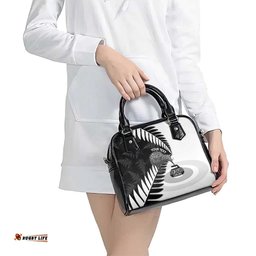 New Zealand Silver Fern Curling Personalised Shoulder Handbag Aotearoa Kiwi Ponga Black White Version LT14
