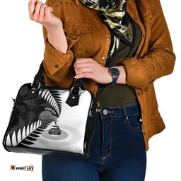 New Zealand Silver Fern Curling Personalised Shoulder Handbag Aotearoa Kiwi Ponga Black White Version LT14