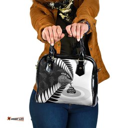 New Zealand Silver Fern Curling Personalised Shoulder Handbag Aotearoa Kiwi Ponga Black White Version LT14