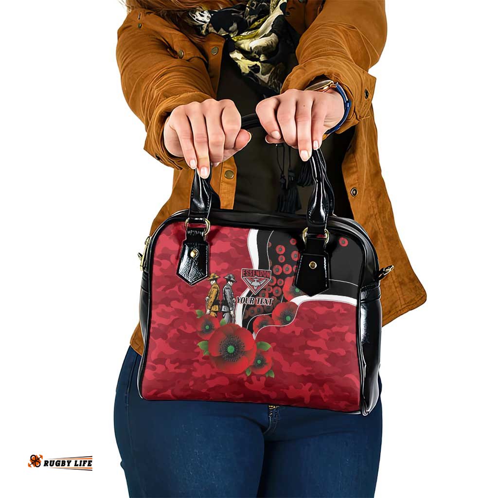 Essendon Bombers ANZAC Personalised Shoulder Handbag Lest We Forget Poppy Camo LT9