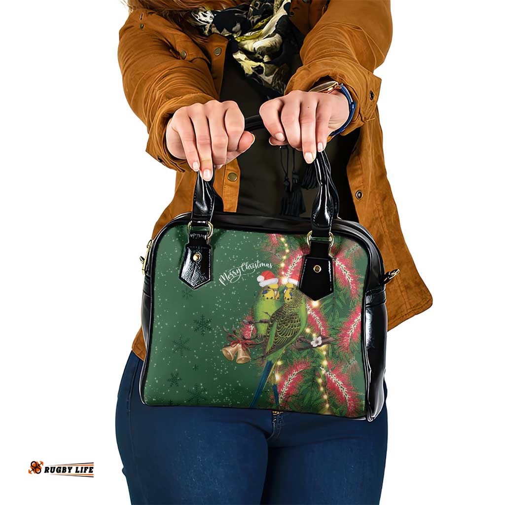 Green Budgerigars on Callistemon Shoulder Handbag Merry Christmas Aussie LT7