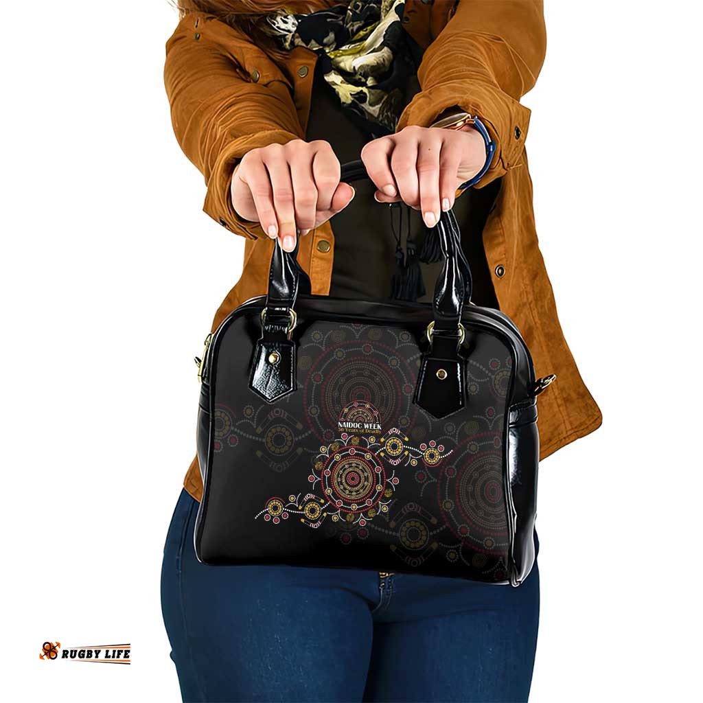 NAIDOC Deadly 50 Years Shoulder Handbag Aboriginal Black Gold Boomerang Art LT9