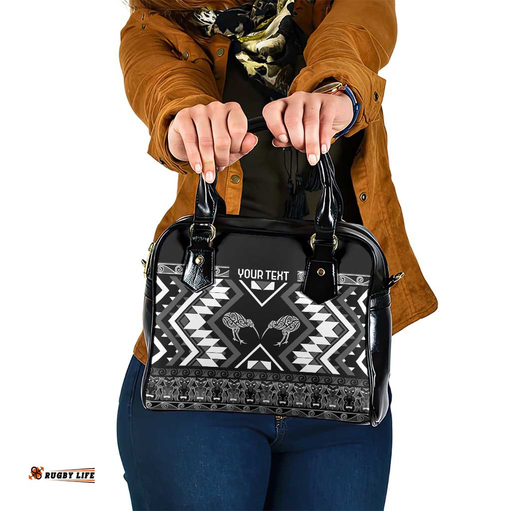 Personalised Taniko Motifs Aotearoa Shoulder Handbag Waitangi Kowhaiwhai Kiwi - Monochrome LT7