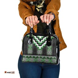 Green Taniko Pattern Aotearoa Shoulder Handbag Niho Taniwha Mix Poutama LT14