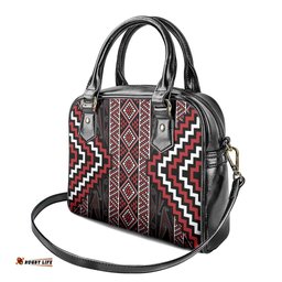 Red Tukutuku Pattern Aotearoa Shoulder Handbag Niho Taniwha and Puhoro Motifs LT7