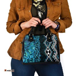 Turquoise Aotearoa Shoulder Handbag Taniko Motifs With Paua Shell Kowhaiwhai LT14