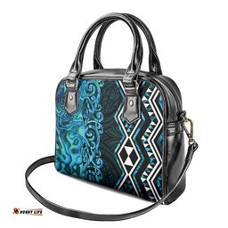 Turquoise Aotearoa Shoulder Handbag Taniko Motifs With Paua Shell Kowhaiwhai LT14