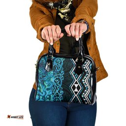 Turquoise Aotearoa Shoulder Handbag Taniko Motifs With Paua Shell Kowhaiwhai LT14