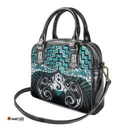 New Zealand Maori Shoulder Handbag Poutama Pikorua Turquoise Paua Shell LT05