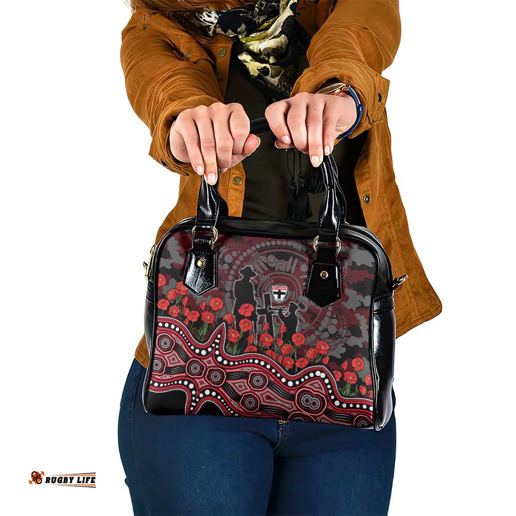St Kilda Saints ANZAC Day Shoulder Handbag Indigenous Dot Art with Poppy Flower Tribute TS04