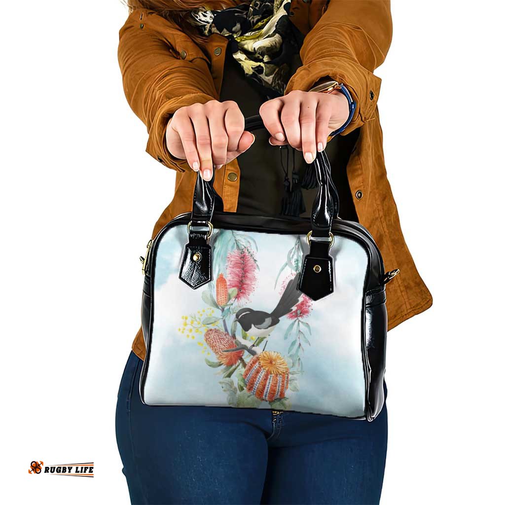 Willie wagtail Australia Shoulder Handbag Banksia Bottlebrushes Watercolor Stylized LT14