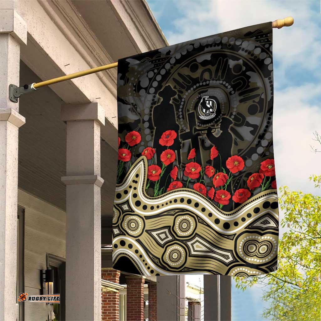 Collingwood Magpies ANZAC Day Garden Flag Indigenous Dot Art with Poppy Flower Tribute TS04