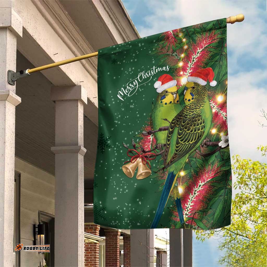 Green Budgerigars on Callistemon Garden Flag Merry Christmas Aussie LT7