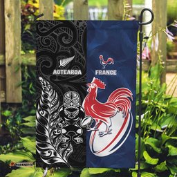 France And New Zealand Rugby Garden Flag Les Bleus Rooster With Maori Tiki LT05