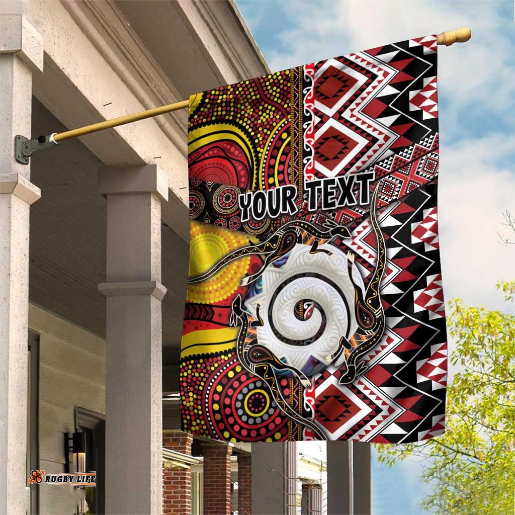 Personalised Aotearoa and Australia Together Garden Flag Koru and Kangaroo - Taniko with Aboriginal Motif LT03
