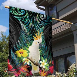 Sulphur-crested Cockatoo New Zealand Garden Flag Paua Shell Aotearoa Maori Tropical Flowers LT14