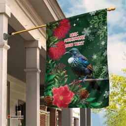 Tui Meri Kirihimete Personalised Garden Flag Pohutukawa Flowers Green Motif LT9