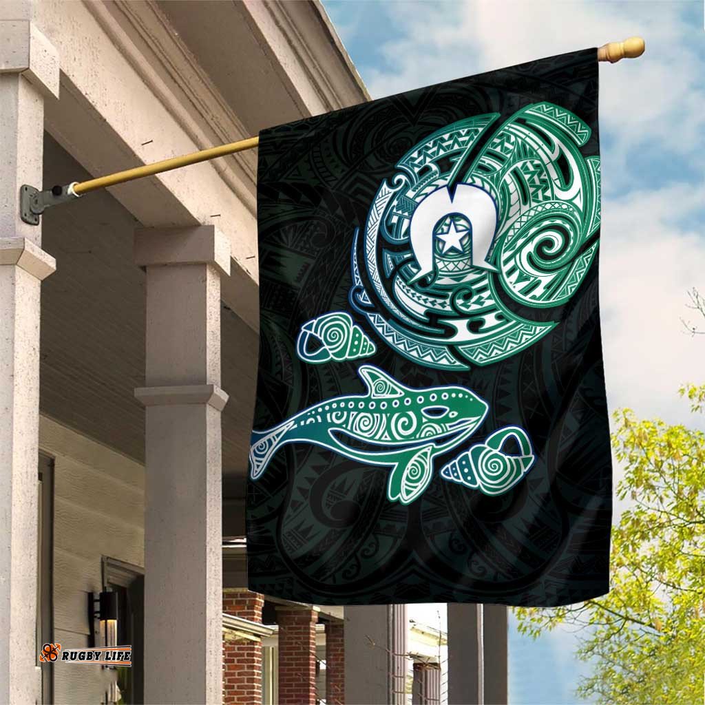 Whale and Dhari Torres Strait Islands Garden Flag Deep Green Oceanic Tribal Pattern Art TS04