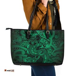 Aotearoa Maori Hei Tiki Leather Tote Bag Kakariki Kowhaiwhai Puhoro Motif LT9