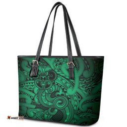 Aotearoa Maori Hei Tiki Leather Tote Bag Kakariki Kowhaiwhai Puhoro Motif LT9