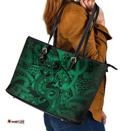 Aotearoa Maori Hei Tiki Leather Tote Bag Kakariki Kowhaiwhai Puhoro Motif LT9