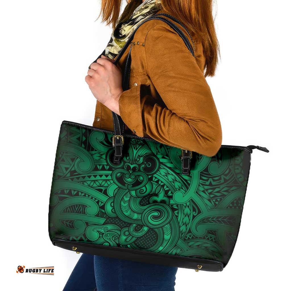 Aotearoa Maori Hei Tiki Leather Tote Bag Kakariki Kowhaiwhai Puhoro Motif LT9