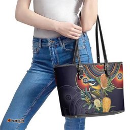Aussie Honeyeaters Banksia Flowers Leather Tote Bag Aboriginal Dots Painting LT9