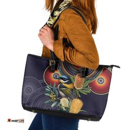 Aussie Honeyeaters Banksia Flowers Leather Tote Bag Aboriginal Dots Painting LT9