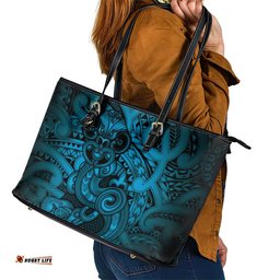 Aotearoa Maori Hei Tiki Leather Tote Bag Kikorangi Kowhaiwhai Puhoro Motif LT9