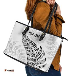 Aotearoa Personalized Lawn Bowls Maori Leather Tote Bag New Zealand White Tribal Silver Fern LT7