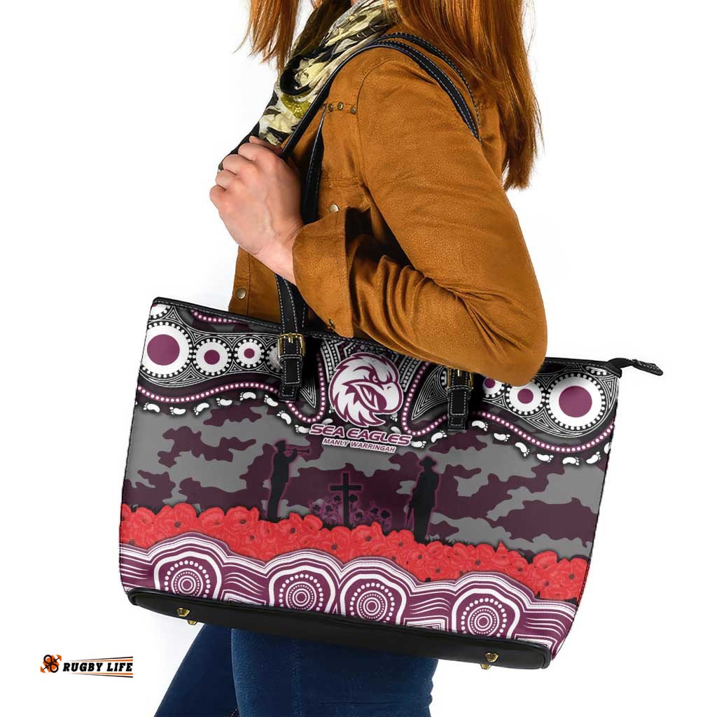 ANZAC Day Manly Warringah Sea Eagles Leather Tote Bag Military Memorial Aboriginal Indigenous Art TS04