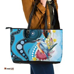 Australia Azure Kingfisher Leather Tote Bag Australian Native Flowers Indigenous Art LT14