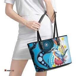 Australia Azure Kingfisher Leather Tote Bag Australian Native Flowers Indigenous Art LT14