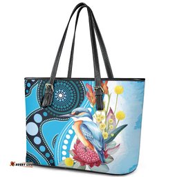Australia Azure Kingfisher Leather Tote Bag Australian Native Flowers Indigenous Art LT14