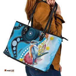 Australia Azure Kingfisher Leather Tote Bag Australian Native Flowers Indigenous Art LT14