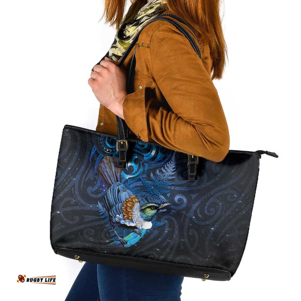 Aotearoa Matariki Leather Tote Bag Maori Tribal with Silver Fern and Tui Bird Galaxy Style LT03
