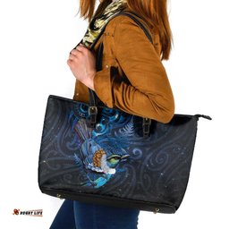 Aotearoa Matariki Leather Tote Bag Maori Tribal with Silver Fern and Tui Bird Galaxy Style LT03