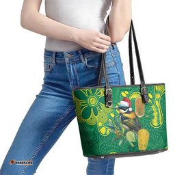 Aussie Honeyeaters Banksia Christmas Leather Tote Bag Aboriginal Dots Painting Green Motif LT9