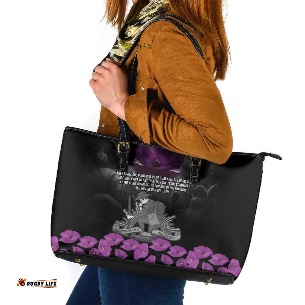 ANZAC Day Remembrance Leather Tote Bag Purple Poppy We Will Remember Them LT9