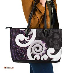 Aotearoa Koru Leather Tote Bag Purple Maori Paua Shell Mix Silver Fern LT14