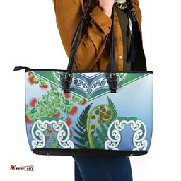 Aotearoa New Zealand Natural Plants Leather Tote Bag Pohutukawa with Silver Ferns Koru Frond Maori Tattoos LT03
